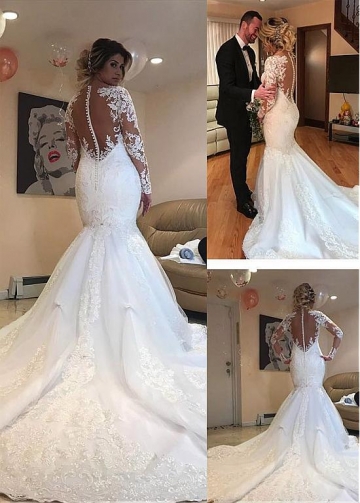 Fabulous Tulle Jewel Neckline Mermaid Wedding Dresses With Beaded Lace Appliques