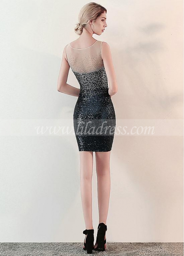 Dazzling Tulle & Sequins Lace Scoop Neckline Short Sheath/Column Cocktail Dress With Rhinestones