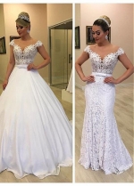 Modern Tulle & Lace Jewel Neckline 2In 1 Wedding Dresses With Detachable Skirt & Bowknot & Beadings
