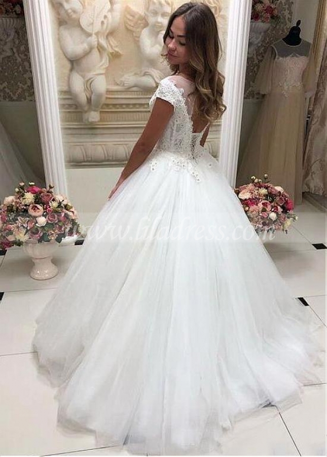 Exquisite Lace & Tulle Jewel Neckline Ball Gown Wedding Dresses With Beaded Lace Appliques