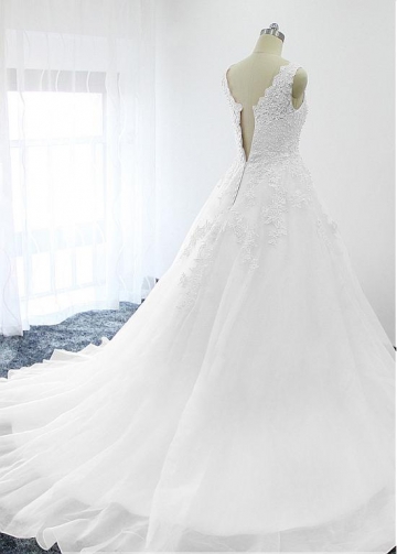 Elegant Tulle & Oragzna V-neck Neckline A-line Wedding Dresses With Beaded Lace Appliques