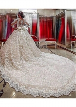 Vintage Lace Jewel Neckline Ball Gown Wedding Dresses With Beaded Lace Appliques & Belt & 3D Flowers