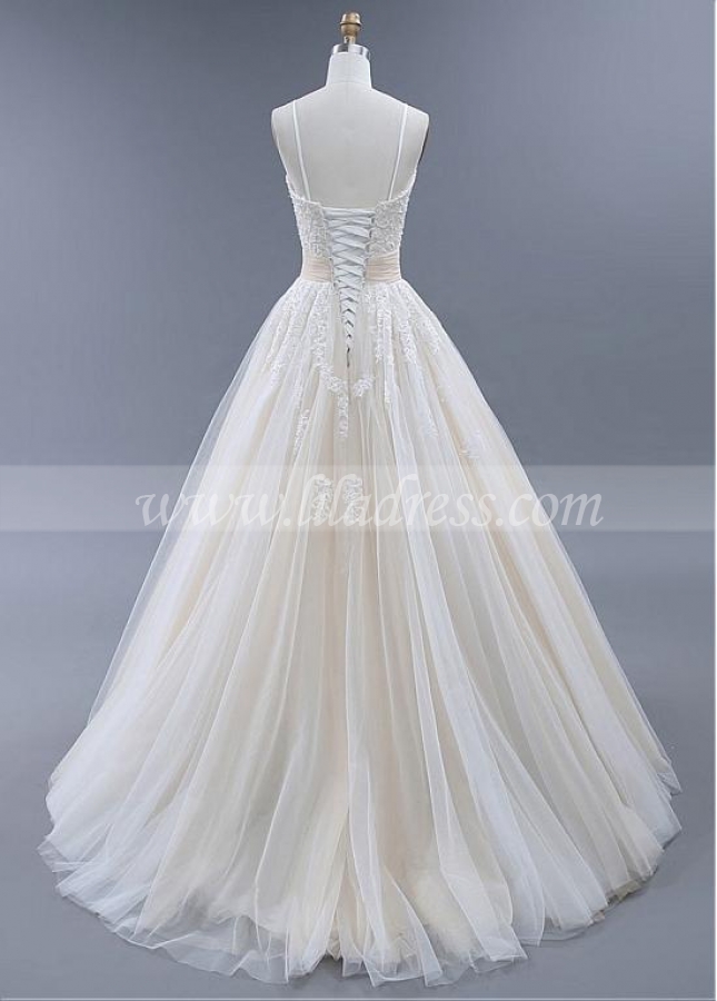 Fabulous Tulle Spaghetti Straps Neckline Backless A-line Wedding Dresses With Beaded Lace Appliques