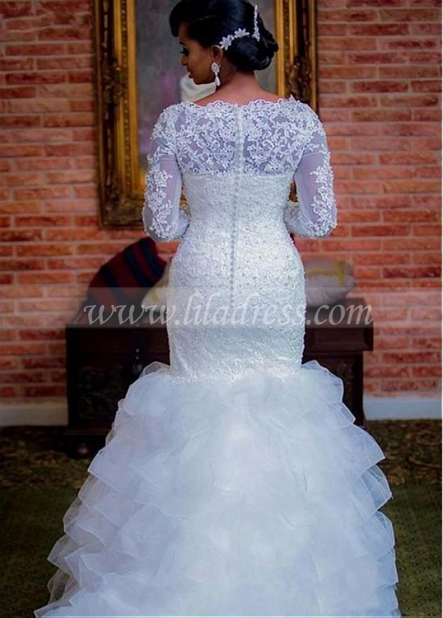 Amazing Tulle & Organza Bateau Neckline Mermaid Wedding Dress With Beaded Lace Appliques