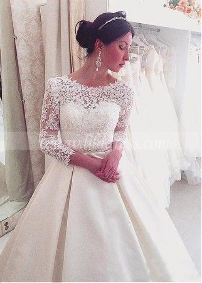 Modest Jewel Neckline A-line Wedding Dress With Lace Appliques & Beadings & Belt