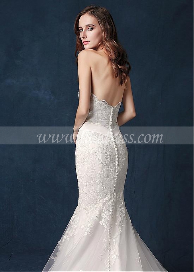 Chic Tulle Sweetheart Neckline Mermaid Wedding Dress With Lace Appliques & Belt