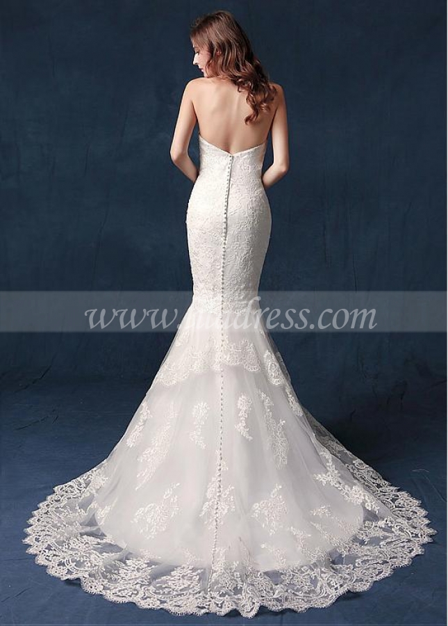 Modest Tulle Sweetheart Neckline Natural Waistline Mermaid Wedding Dress With Lace Appliques & Beadings