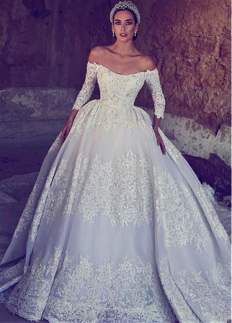 Junoesque Tulle Off-the-shoulder Neckline Ball Gown Wedding Dress With Beaded Lace Appliques