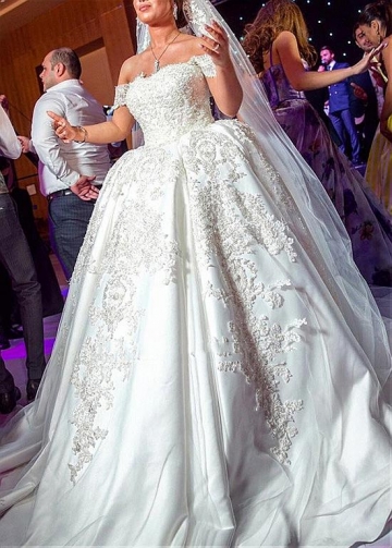 Modest Satin & Tulle Off-the-shoulder Neckline Ball Gown Wedding Dress With Beaded Lace Appliques
