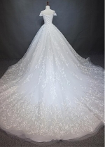 Junoesque Tulle Off-the-shoulder Neckline A-line Wedding Dress With Beaded Lace Appliques
