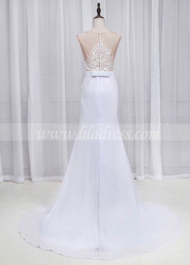 Graceful Tulle & Chiffon Jewel Neckline See-through Mermaid Wedding Dress With Lace Appliques & Detachable Train