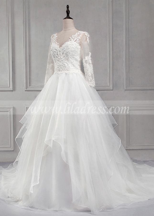 Elegant Tulle & Organza V-neck Neckline A-line Wedding Dress With Beaded Lace Appliques