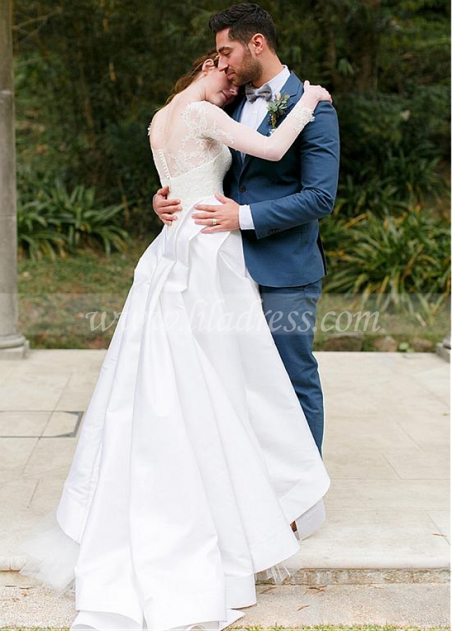 Romantic Tulle & Satin Bateau Neckline A-line Wedding Dresses With Lace Appliques