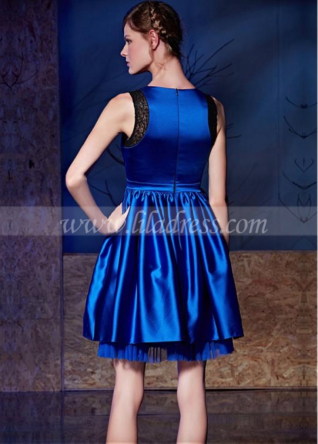 Cute Satin & Tulle Jewel Neckline Short A-line Prom Dresses With Bowknot