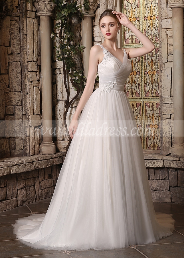 Elegant Tulle V-neck Neckline A-line Wedding Dresses