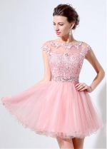 Pretty Tulle Bateau Neckline Short-length A-line Homecoming Dresses With Lace Appliques