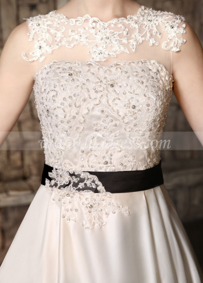 Gorgeous Tulle & Satin Jewel Neckline A-line Wedding Dresses with Beaded Lace Appliques