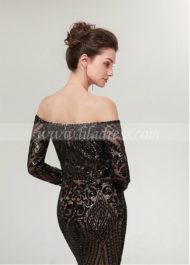 Newest Sequin Lace Off-the-shoulder Neckline Long Sleeves Sheath/Column Evening Dress