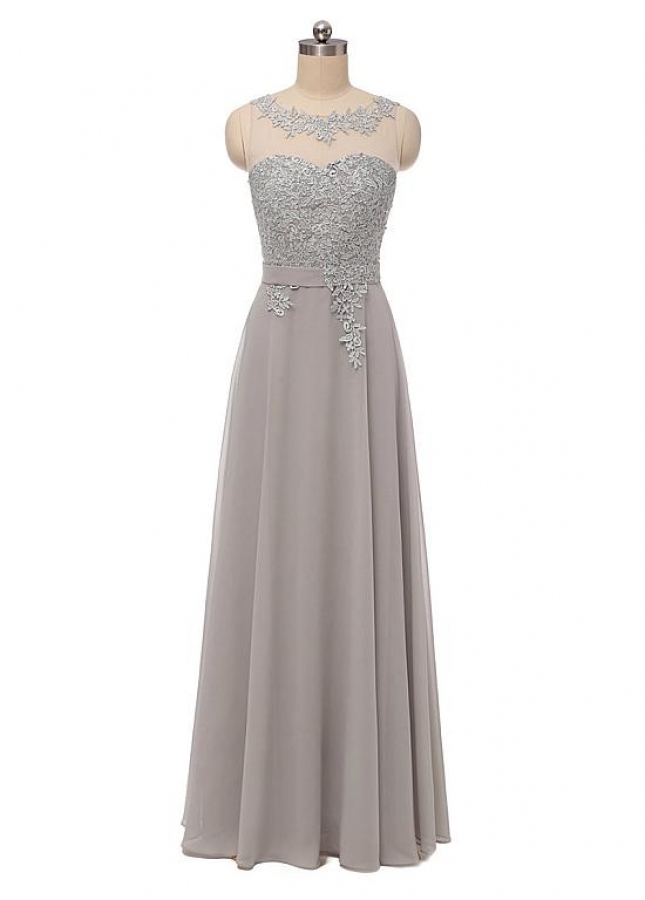 Elegant Chiffon Scoop Neckline A-line Evening Dress With Lace Appliques & Sash