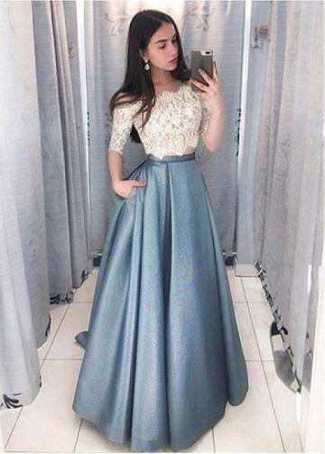 Stunning Lace & Satin Off-the-shoulder Neckline Floor-length A-line Prom Dresses With Pockets