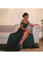 Eye-catching Silk Like Satin Off-the-shoulder Neckline Floor-length A-line Evening Dresses With Lace Appliques