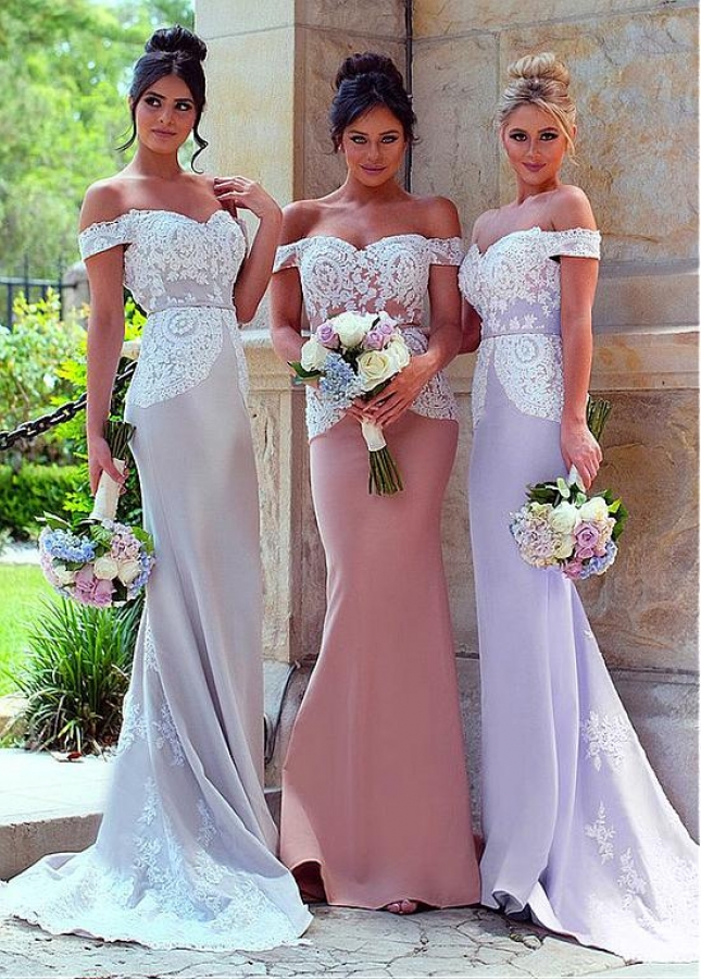 Attractive Off-the-shoulder Neckline Mermaid Bridesmaid Dresses With Lace Appliques & Belt