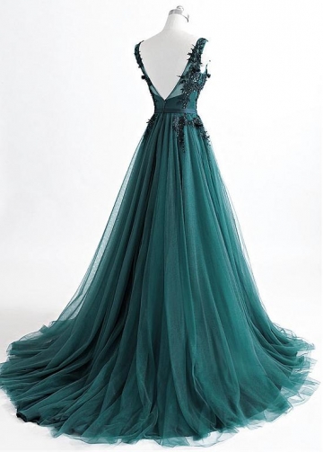 Fantastic Tulle V-neck Neckline Floor-length A-line Evening Dress With Beaded Lace Appiques & Belt