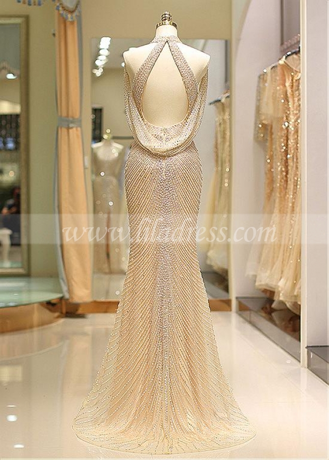 Eye-catching Tulle High Collar Floor-length Mermaid Evening Dress With Beadings