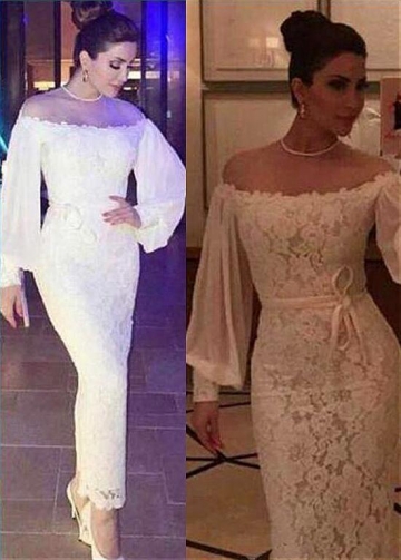 Sexy Lace Jewel Neckline Long Sleeves Sheath / Column Evening Dress With Belt