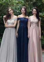 Off-the-shoulder Lace and Chiffon Gray Prom Dresses