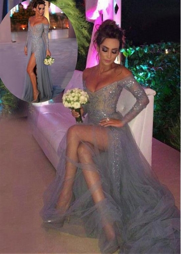 Charming Tulle & Lace Off-the-shoulder Neckline A-line Evening Dresses With Slit