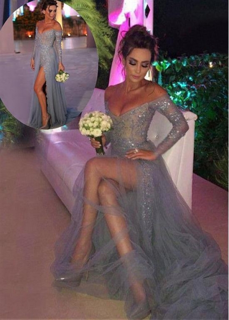 Charming Tulle & Lace Off-the-shoulder Neckline A-line Evening Dresses With Slit