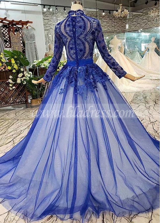 Fantastic Lace & Tulle High Collar Ball Gown Evening Dresses With Handmade Flowers & Beaded Sequin & Embroidery
