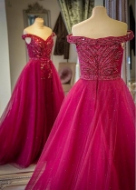 Glamorous Tulle Off-the-shoulder Neckline Floor-length A-line Evening Dresses With Rhinestones