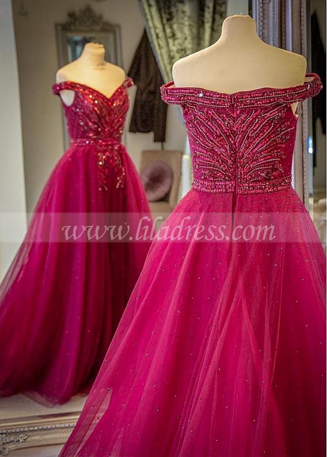 Glamorous Tulle Off-the-shoulder Neckline Floor-length A-line Evening Dresses With Rhinestones