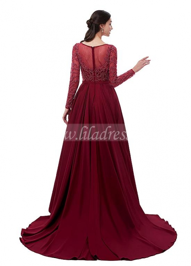 Excellent Taffeta & Tulle Scoop Neckline A-line Evening Dresses With Beadings