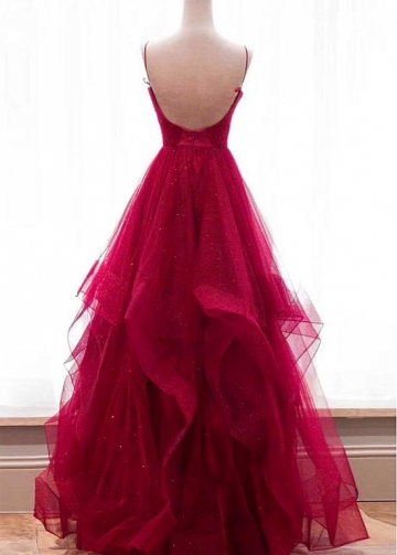 Distinctive Red Tulle Spaghetti Straps Neckline Floor-length A-line Evening Dresses