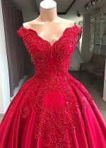 Lavish Satin Off-the-shoulder Neckline Floor-length Ball Gown Evening Dresses With Beaded Lace Appliques