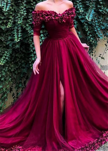 Exquisite Tulle Off-the-shoulder Neckline Floor-length A-line Evening Dresses With Handmade Flowers