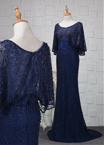 Marvelous Lace Scoop Neckline Sheath/Column Evening Dresses With Beadings