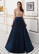 Elegant Tulle & Satin High Collar Floor-length A-line Prom Dresses With Beadings