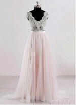Elegant Tulle V-neck Neckline Floor-length A-line Prom / Destination Wedding Dresses