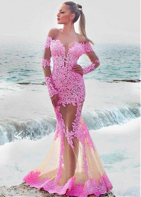 Eye-catching Tulle Off-the-shoulder Neckline Floor-length Mermaid Evening Dresses With Lace Appliques