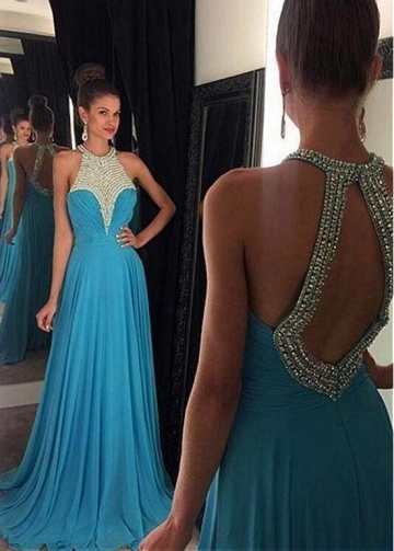 Unique Tulle & Chiffon Jewel Neckline Floor-length A-line Evening Dresses With Beadings