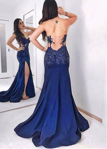 Wonderful Tulle & Satin Sweetheart Neckline Floor-length Mermaid Evening Dresses With Lace Appliques
