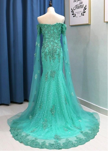 Brilliant Tulle Off-the-shoulder Neckline Floor-length Mermaid Evening Dresses With Lace Appliques & Beadings