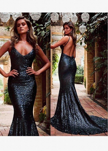 Eye-catching Sequin Lace Spaghetti Straps Neckline Floor-length Mermaid Evening Dresses