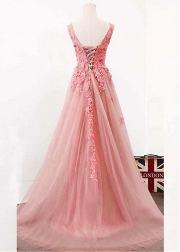 Exciting Tulle V-neck Neckline Floor-length A-line Prom Dress With Lace Appliques & Handmade Flowers & Beadings