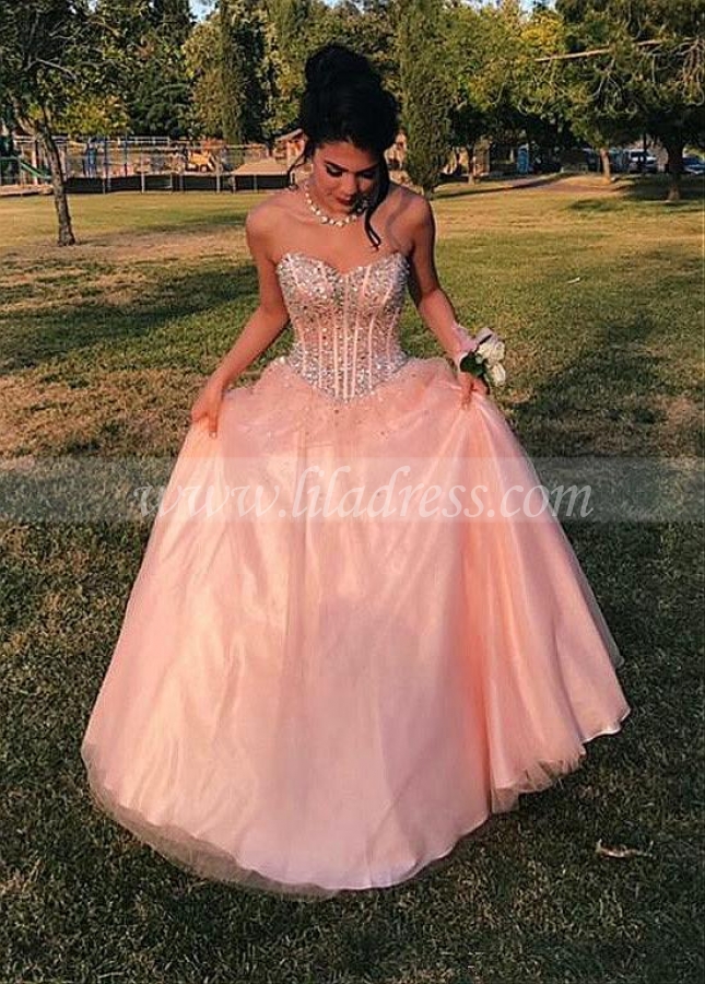 Attractive Tulle Sweetheart Neckline Floor-length A-line Prom Dress With Beadings