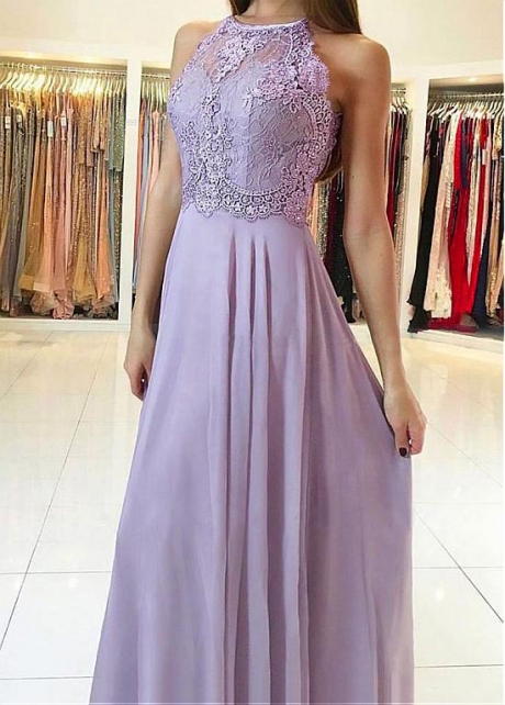 Romantic lace & Chiffon Jewel Neckline Floor-length A-line Prom Dress